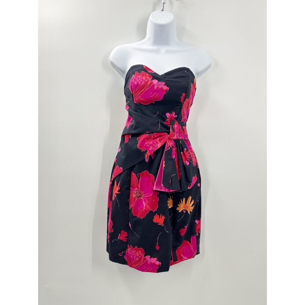 Vintage 80s Laura Ashley Strapless Floral Bustier Bow Dress XS 0 2